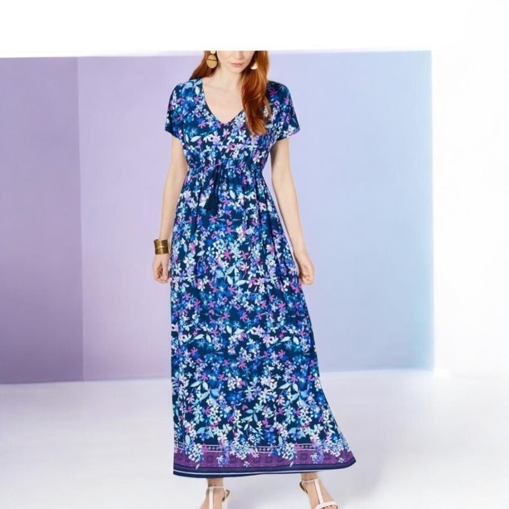 Style Co Womens Floral V-Neck Maxi Dress Blue Purple Short Sleeve Garden‎ Party